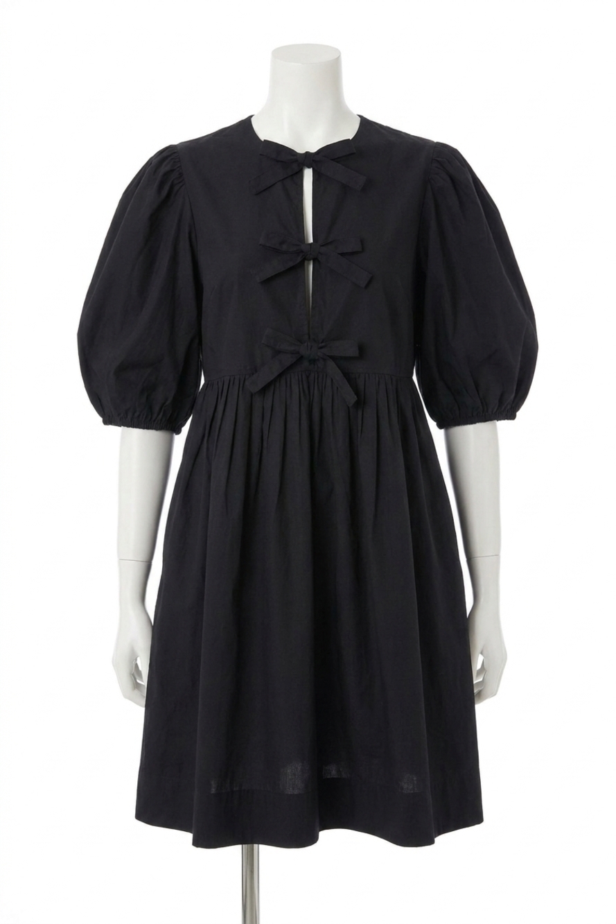 NEW GANNI cotton poplin tie string mini dress in black